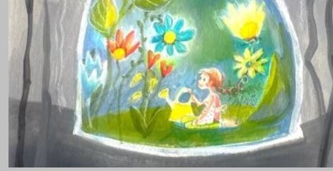 Tavla föreställande flicka med vattenkanna som sitter i en glaskupa fylld med färgglada blommor. Utanför är allt grått.