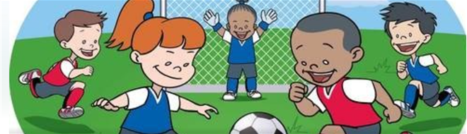 tecknad bild av barn som spelar fotboll.