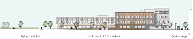 Illustration som visar skolbyggnaden s utformning. Illustration: Total arkitektur