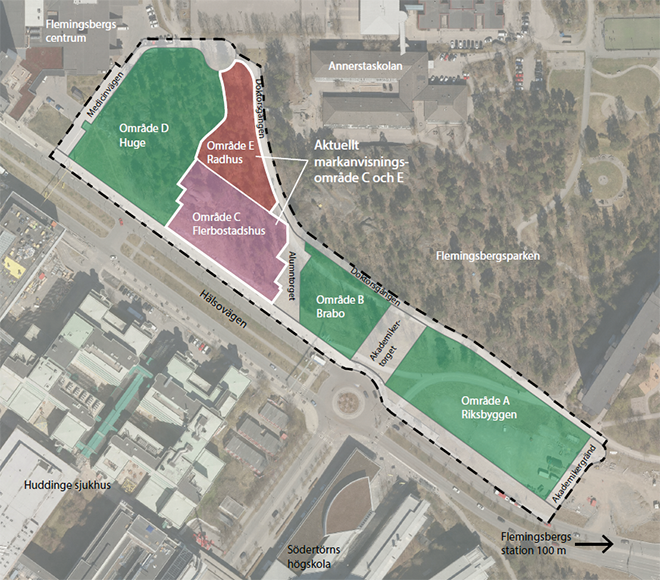 Karta över Hälsovägen i Flemingsberg där vi planerar att bygga radhus och flerbostadshus.