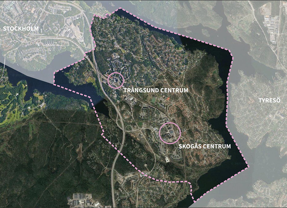 Karta som visar utvecklingsplanen för Skogås och Trångsund 2050. Beskrivs i texten på sidan.Karta som visar utvecklingsplanen för Skogås och Trångsund 2050. Beskrivs i texten på sidan.