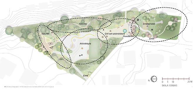 Förslag som visar hur Drejarparken kan rustas upp. Skiss.