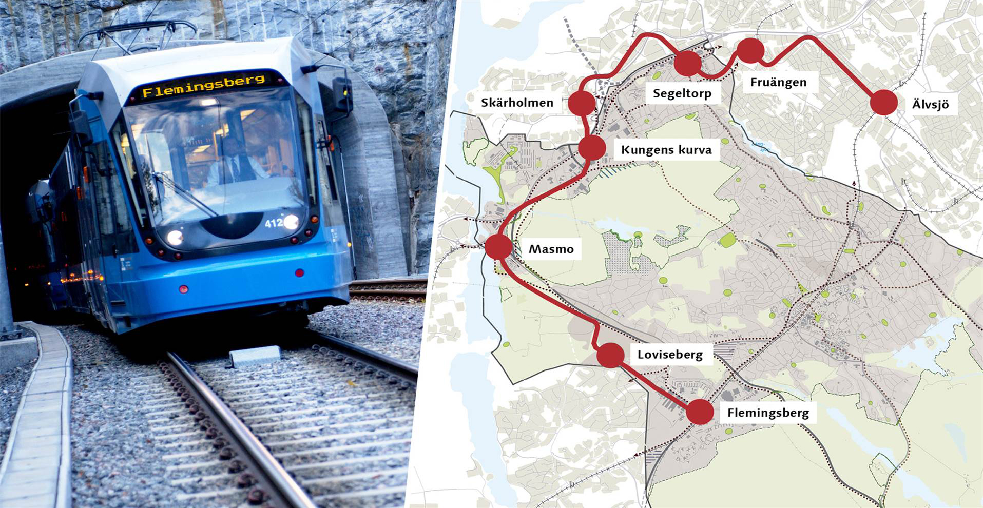 Karta över Spårväg syds sträckning mellan Flemingsberg och Älvsjö. Totalt är det cirka 17 kilometer spårväg som knyter samman de södra delarna av regionen.