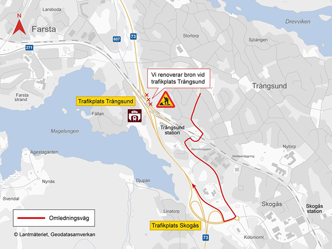 Karta som visar omledning av trafik under reparation av Trångsundsbron.