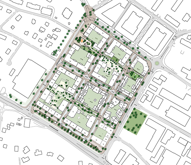 Illustration över vilka fastigheter som ingår i detaljplanen för kvarteret samt förslag på hur gårdarna kan placeras.