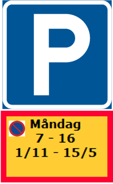 Skylt som visar att det är tillåtet att parkera och en tilläggsskylt som visar att det är parkeringsförbud på måndagar klockan 7–16 mellan den 1 november och 15 maj.