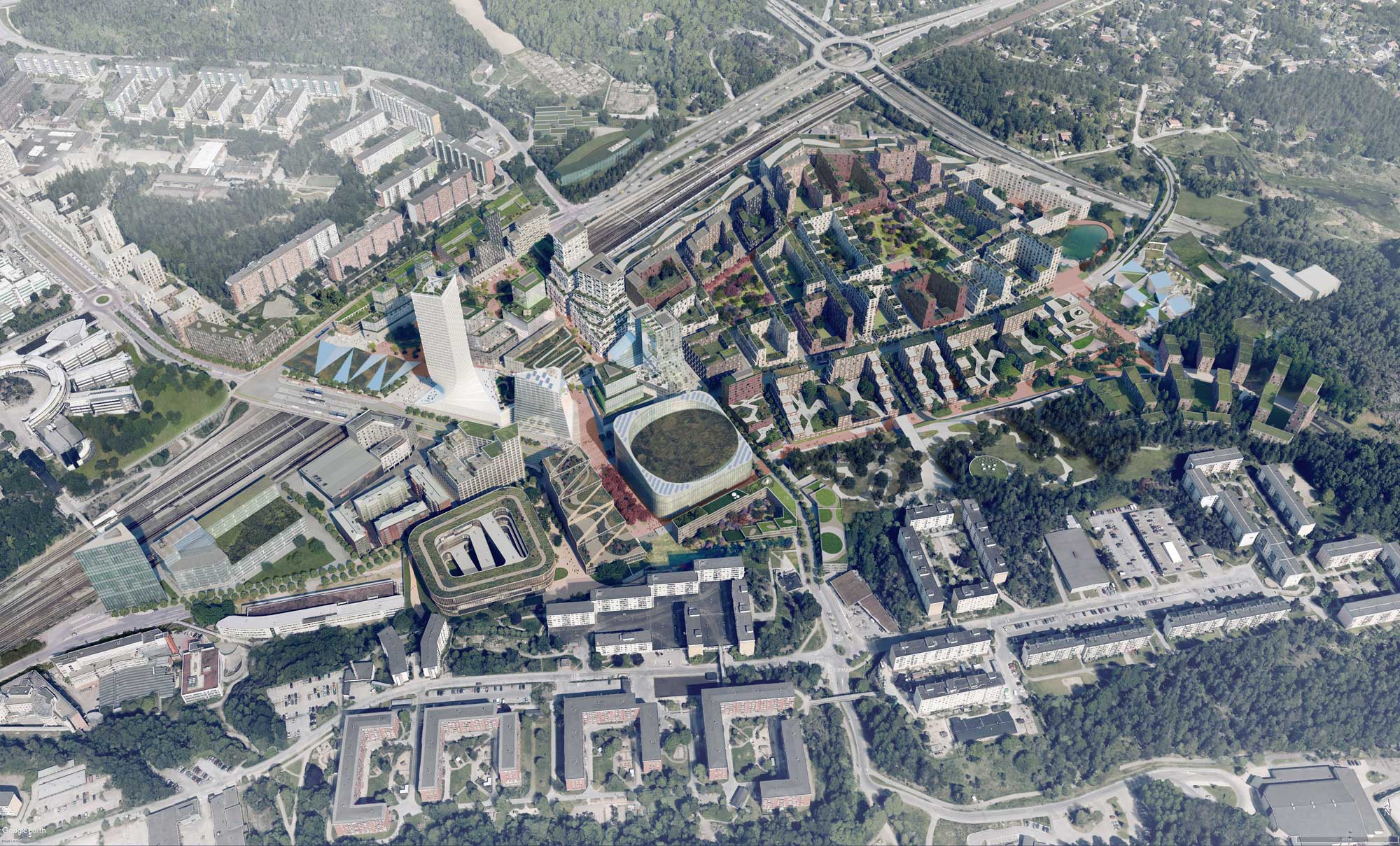 Illustration över Flemingsbergsdalens planerade utveckling. Illustration: Fabege