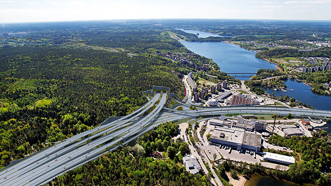 Illustration över motorvägar och en ny trafikplats i Vårby.