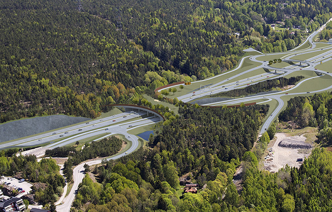 Illustration över motorvägen och en ny trafikplats i Flottsbro.