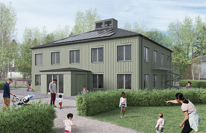 Bild på förslaget Sommarvillan kan se ut. Ett grönt trähus i två våningar med svart plåttak med solceller