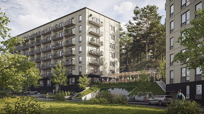 Illustration av flerbostadshus i sex till sju våningar .