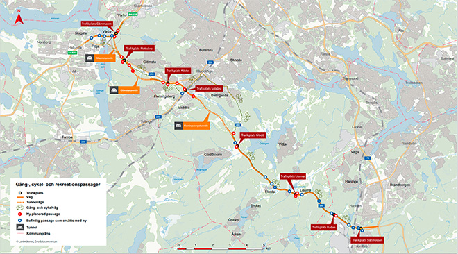 Karta som visar sträckningen för tvärförbindelse Södertörn.