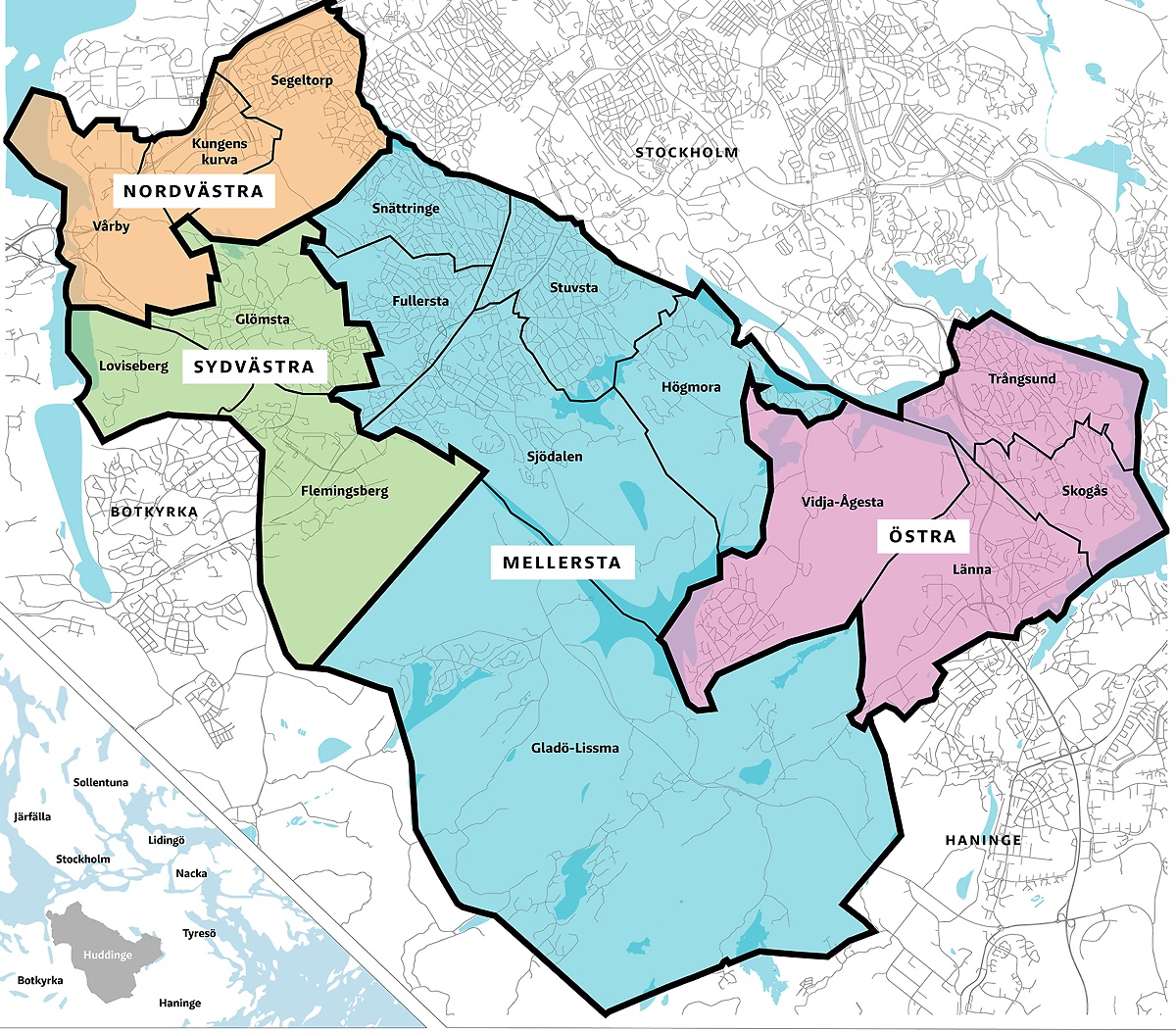 Bilden visar Huddinge kommuns fyra kommundelar.