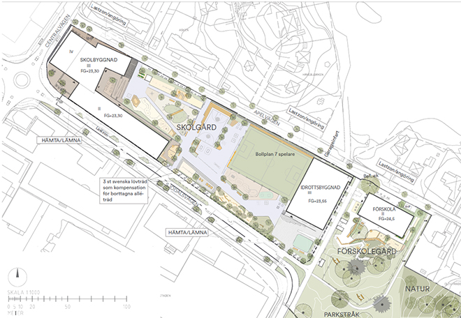 Illustrationsplan över planområdet med planerade byggnader.