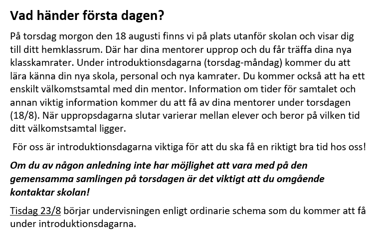 Välkomsthälsning nya elever.