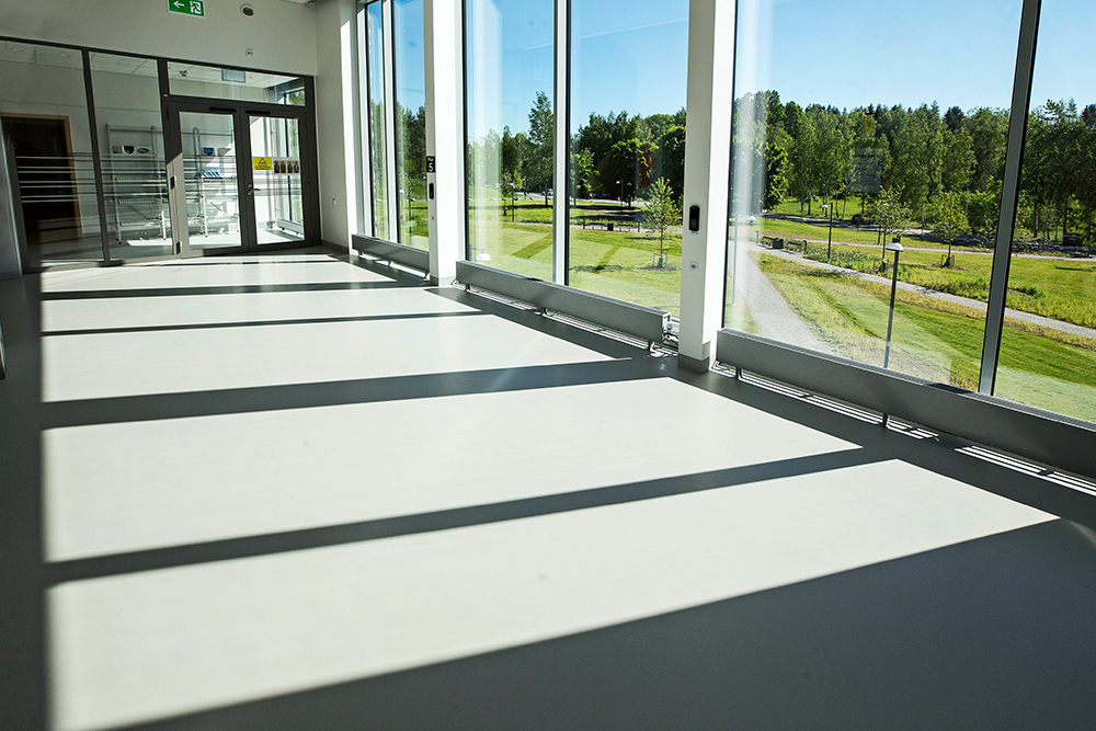 Interiör från O-huset, vägg med stora fönster. Park på utsidan. 