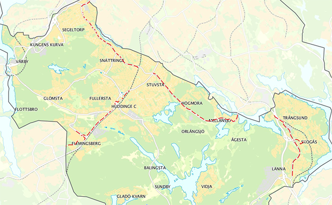 Karta som visar sopsaltade vägar i Huddinge vintern 2018/2019