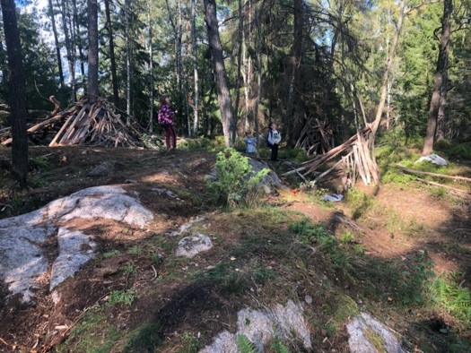 Barn som bygger koja i skogen