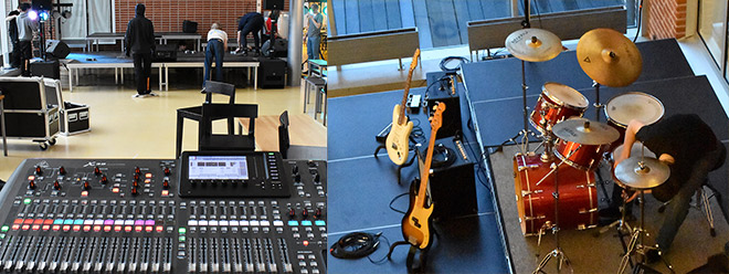 Elever installerar instrument på event och scenläger på Östra gymnasiet.