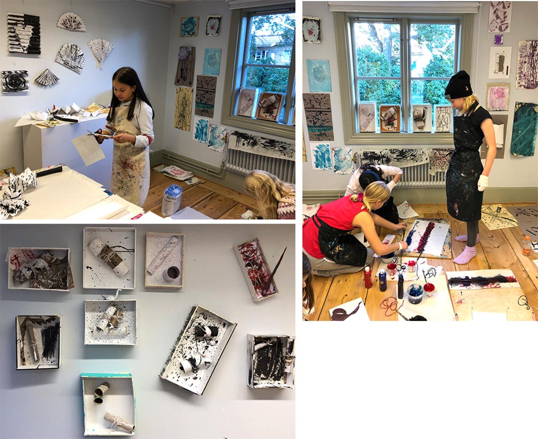 Tre bilder som visar personer i Hagberg workshop.
