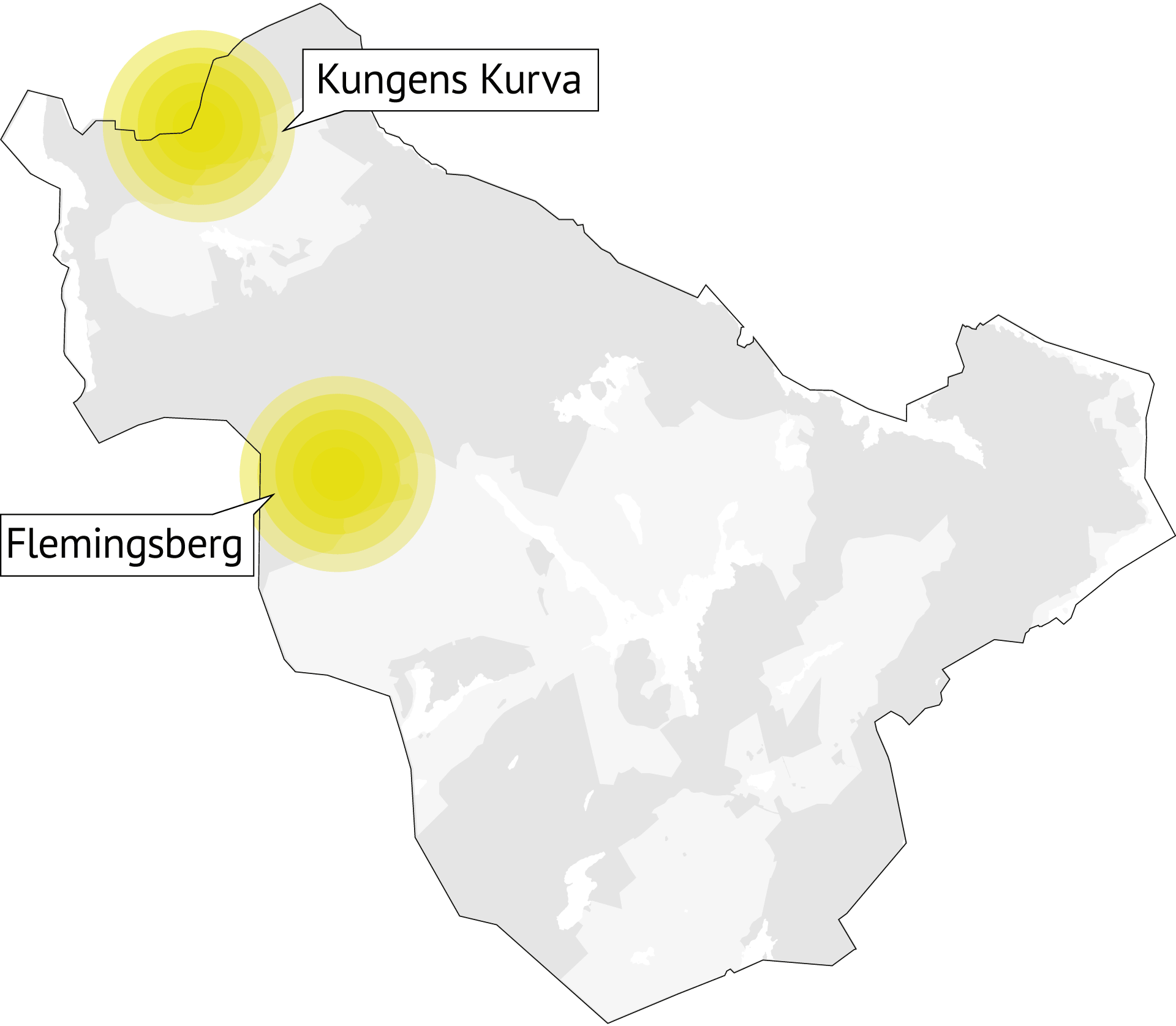 Karta över huddinge där de två regionala stadskärnorna flemingsberg och kungens kurva är de enda punkterna som är markerade i kartan.