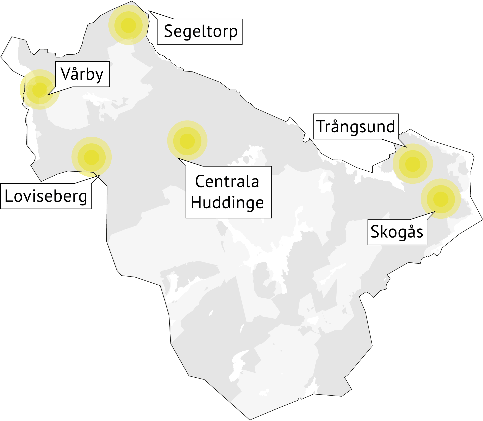 Karta där Centrala Huddinge, Vårby, Skogås, Trångsund, Loviseberg och Segeltorp är markerade som utvecklingsområden.