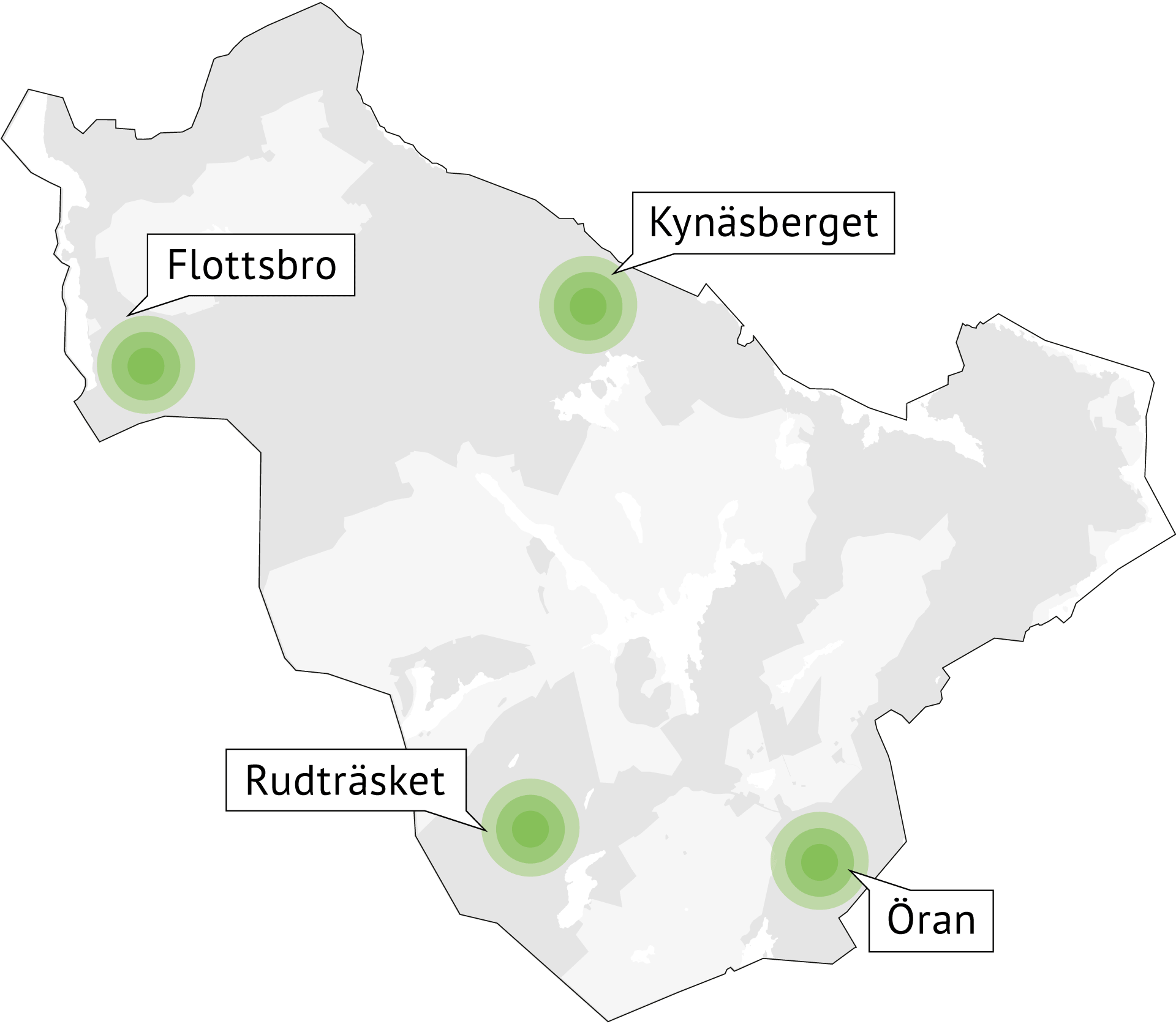 Kartan nedan visar Flottsbro, Kynäsberget, Rudträsket och Öran, där översiktsplanen möjliggör utredning av nya naturreservat.