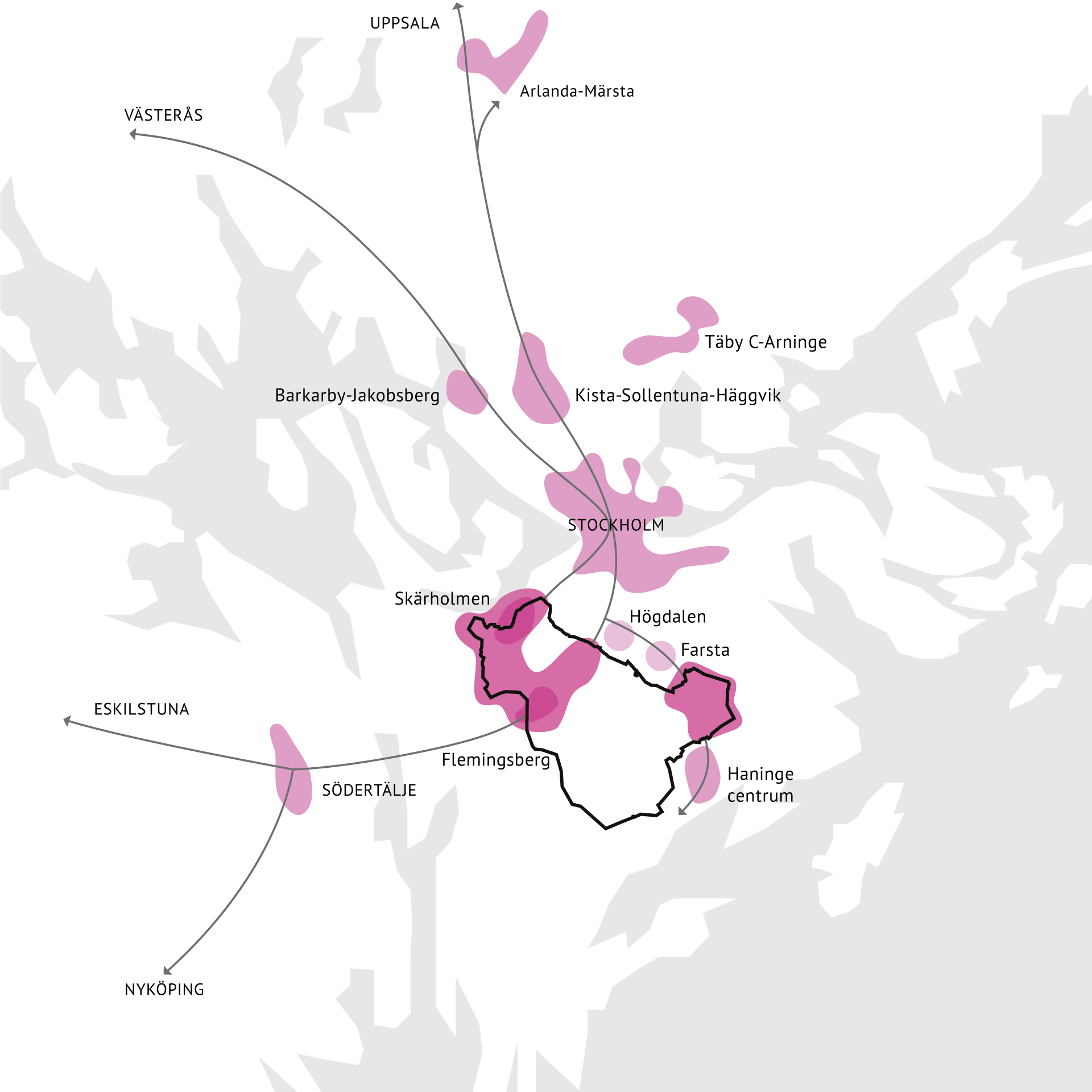 Karta som visar Huddinges centrala position i förhållande till grannkommuners regionala stadskärnor. Beskrivs i intilliggande text på sidan.