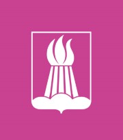 Kommunvapnet i vitt på rosa bakgrund. 