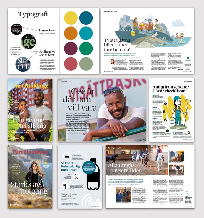 bild som visar exempel på flera omslag och sidor från Vårt Huddinge
