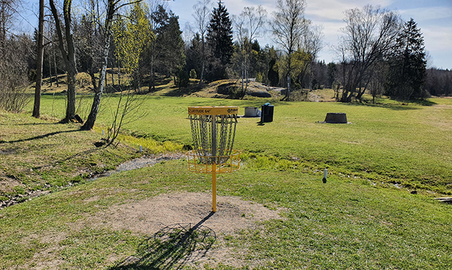 Discgolfhål på en discgolfbana.